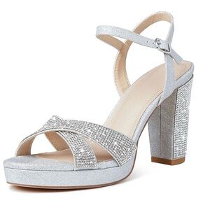 Elegant Silver Rhinestones Platform  Heels